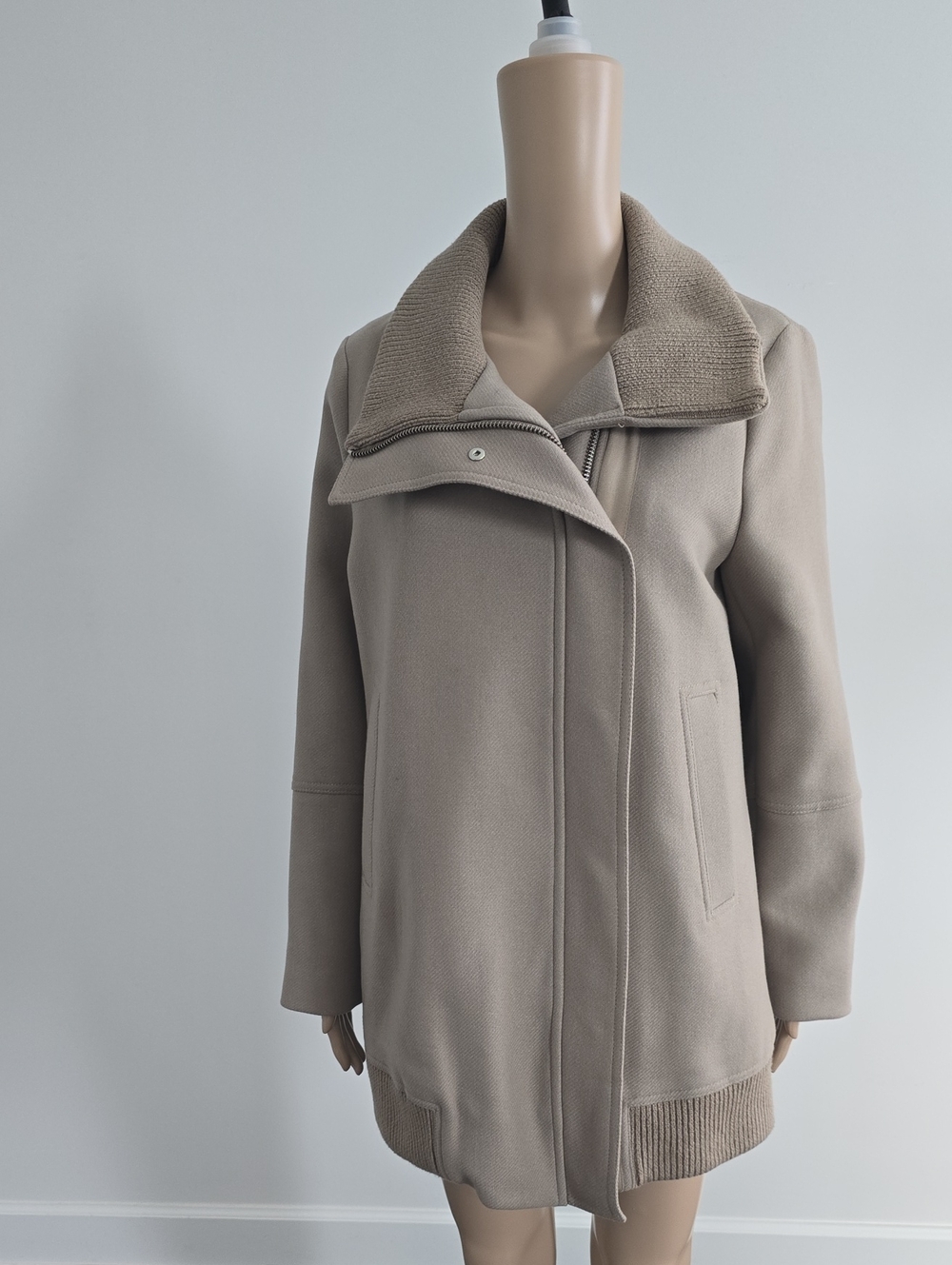 Reiss Taupe Zip-Front Trench Coat with Ribbed Collar
